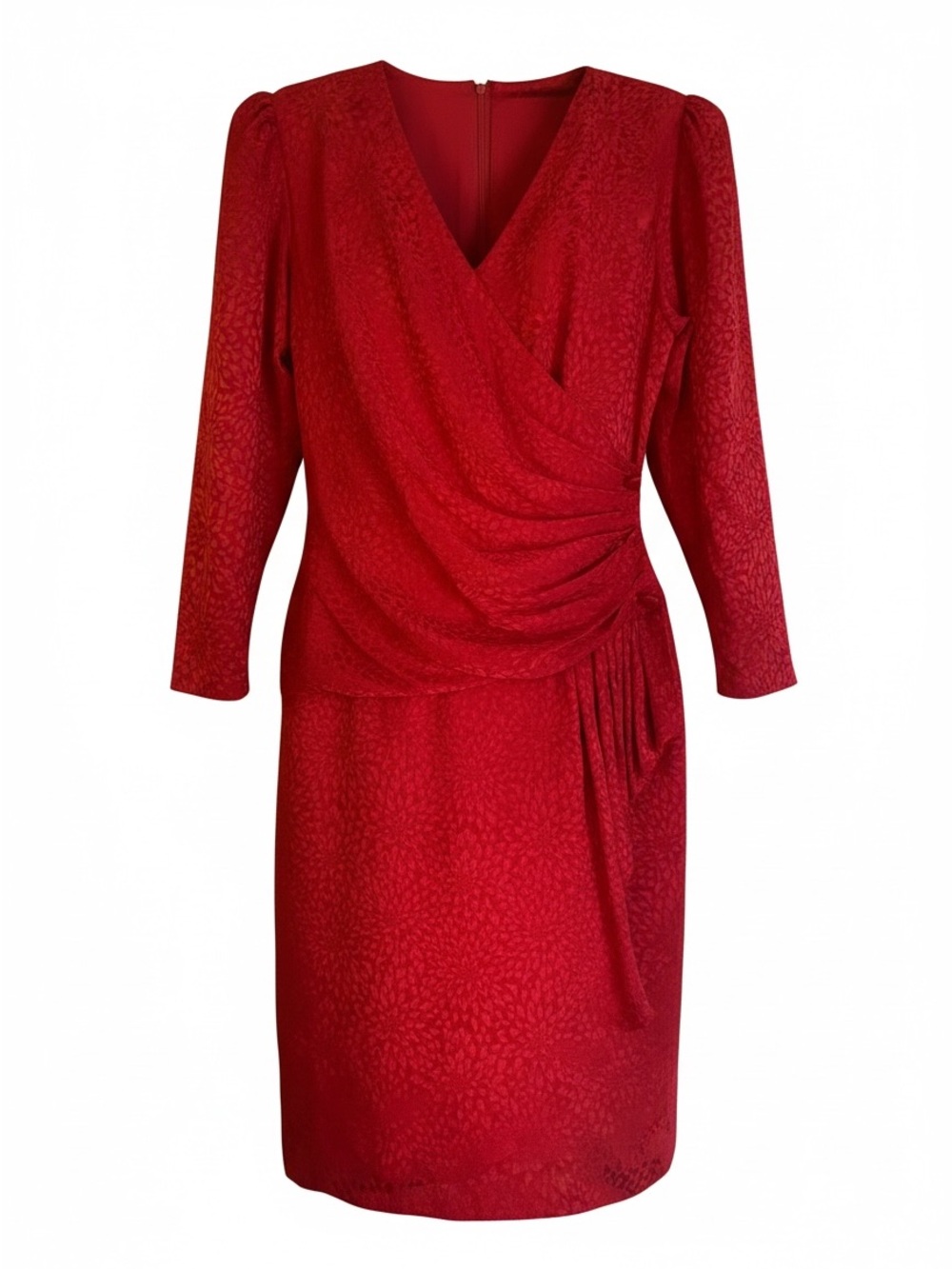 Red Draped V-Neck Long Sleeve Dress 100% Silk